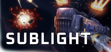 Sublight key art showing a large angular capital warship firing on distant explosions in deep space