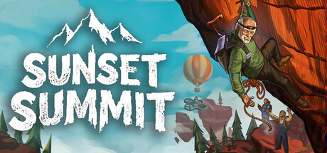 Sunset Summit key art showing a climber scaling a cliff face on a rope above a floating island, hot air balloon, and pine forest