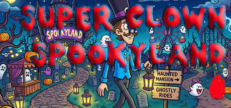Cartoon key art of a mustached clown in a top hat walking through a haunted graveyard fairground with ghosts and a Ferris wheel