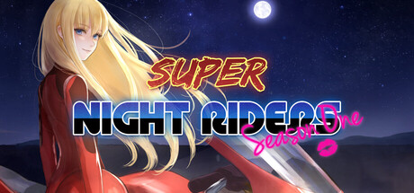 Super Night Riders S1 key art: a blonde anime rider in red racing leathers looks back over her shoulder beside her motorbike under a night sky