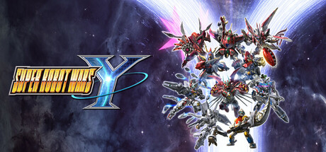 Key art for Super Robot Wars Y, showing a cluster of crossover mechs bursting from a beam of light against a starfield