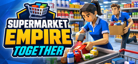 Key art showing two staff scanning items and carrying boxes in a supermarket