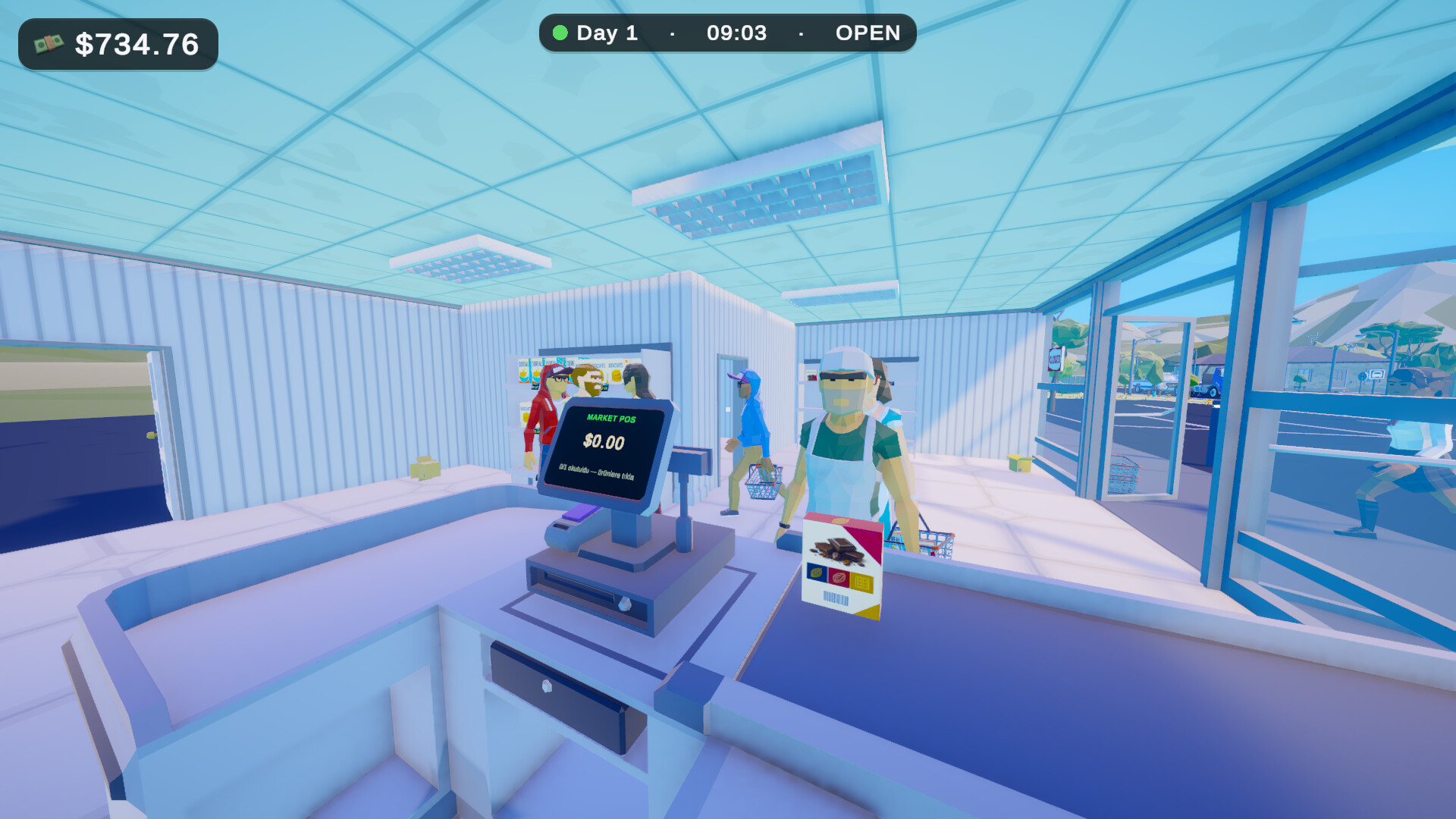 First-person view at the checkout register with a queue of customers waiting