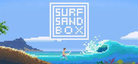 Surf Sandbox pixel-art key art showing a surfer jumping into a wave beside the game's logo