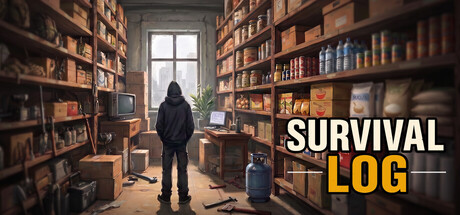 Survival Log key art: a hooded figure standing alone in a cluttered, shelf-lined storage room full of hoarded supplies, with a ruined city skyline visible through the window