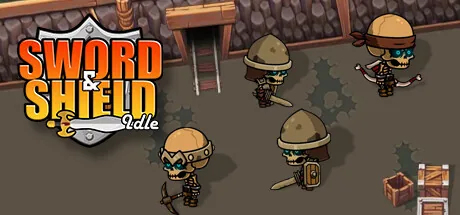 Sword and Shield Idle key art showing a shield icon and four cartoon skeleton warriors holding swords, shields and a pickaxe inside a dungeon