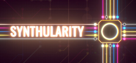 Synthularity logo in glowing neon letters beside a stylized microchip icon, wired into a printed-circuit-board pattern of colored lines and nodes