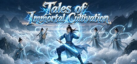 Illustrated key art of a blue-robed swordsman cultivator surrounded by lightning, flanked by four female companion figures against a mountain-peak backdrop