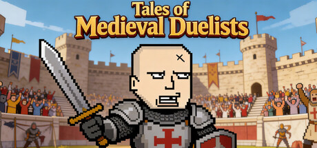Tales of Medieval Duelists key art showing a flat-shaded cartoon knight holding a sword in front of a cheering colosseum crowd