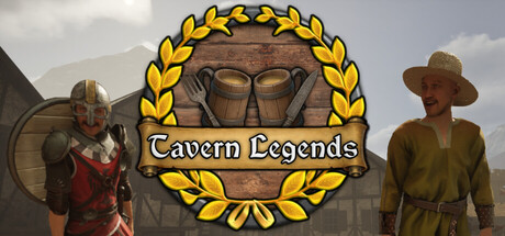 Tavern Legends key art with a shield-bearing warrior and a tavern keeper flanking the game's emblem