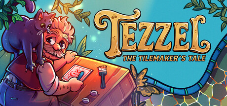 The Tezzel: The Tilemaker's Tale logo in ornate gold lettering above an illustrated tilemaker at his workbench with a cat perched on his shoulder