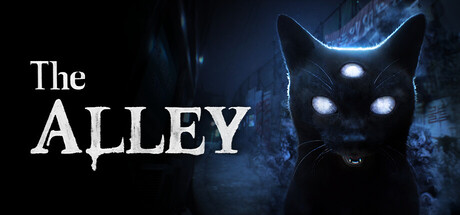 Dark key art of a black cat with three glowing white eyes, one set in the middle of its forehead, beside the stenciled title 'The Alley' against a foggy nighttime alleyway