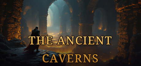 Key art of a red-cloaked adventurer standing at the mouth of a torchlit stone cavern corridor, beneath the game's logo
