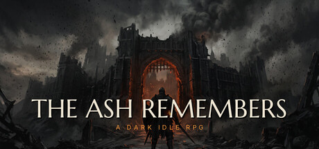 Key art showing a lone swordsman before a ruined, ash-choked cathedral gate under a burning sky
