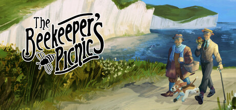 Illustrated key art of an older Sherlock Holmes and Dr Watson walking along a chalk clifftop path with their dog, Toby III