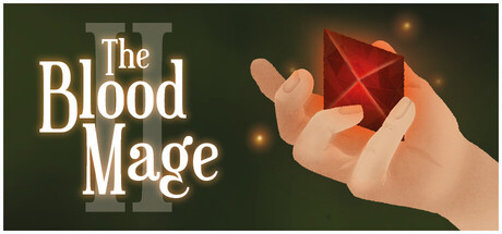 The Blood Mage 2 logo beside an illustration of a hand holding a glowing red crystal