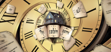 The cabin game logo on scrolling cards spiraling out from the center of an ornate golden clock face, with a small cabin house nestled at the clock's heart