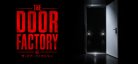 The Door Factory logo beside a lone open doorway glowing white against total darkness