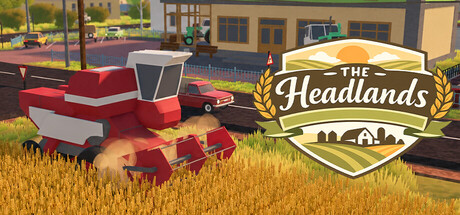 The Headlands key art showing a low-poly red combine harvester in a wheat field with the game's logo overlaid