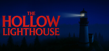 Key art for The Hollow Lighthouse showing a lit lighthouse beam over a dark, tree-lined hillside