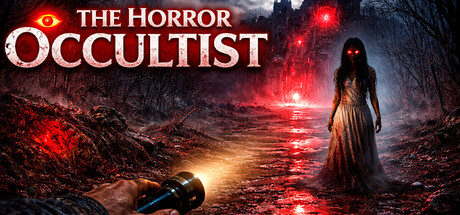 The Horror Occultist key art showing a pale spectral woman standing in a bloodstained forest stream, lit by a handheld flashlight in the foreground