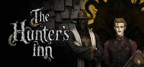 The Hunter's Inn logo beside key art of a hooded, masked cleric-like figure and a well-dressed mustached man standing in front of a shadowy demonic silhouette