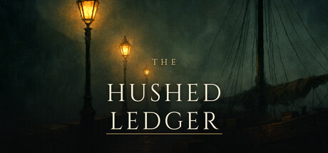 Moody painted key art showing two lit street lamps beside a docked sailing ship's rigging under a hazy night sky, with the game's title in serif type between them