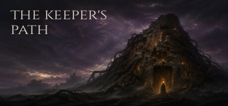 Dark, moody key art for The Keeper's Path showing a hooded silhouette standing before a glowing doorway at the base of a massive root-wrapped stone barrow mound under a purple storm sky