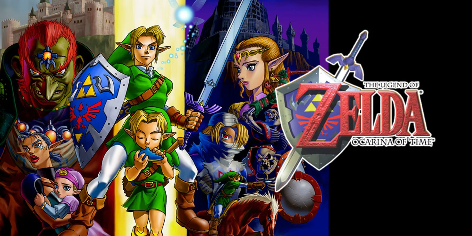 Original Ocarina of Time character artwork showing Ganondorf, adult and child Link, Zelda, Sheik and Epona