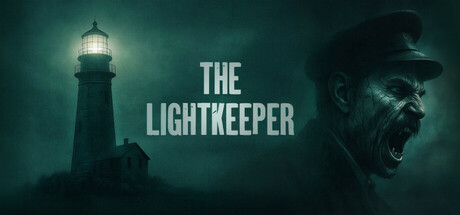 Key art for The Lightkeeper showing a lit lighthouse on a dark cliff beside the screaming, weathered face of a lighthouse keeper