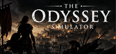The Odyssey Simulator key art showing a Greek warrior silhouetted against a burning city and a fleet of ships