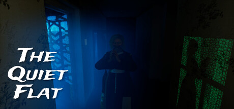 The Quiet Flat key art, a shadowy figure holding a lighter in a dark hallway lit blue and green