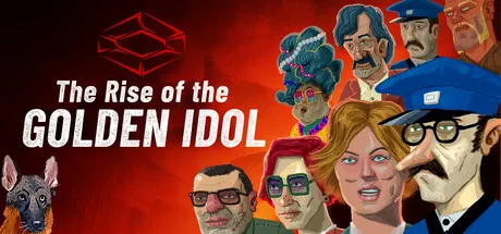 The Rise of the Golden Idol key art showing illustrated portraits of the game's 1970s cast, including a police officer, a woman with a beehive hairdo and a dog