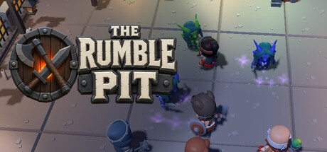 The Rumble Pit logo above a top-down view of five adventurers facing off against a hooded enemy and a horned monster in a stone dungeon room