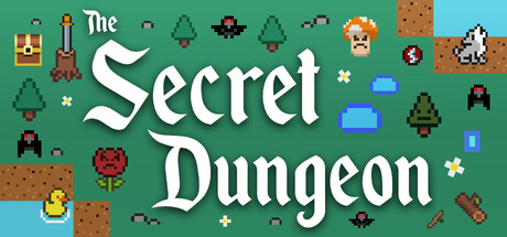 The Secret Dungeon pixel-art logo over a green field dotted with trees, bats, a treasure chest, a sword, a rose, and a small dog