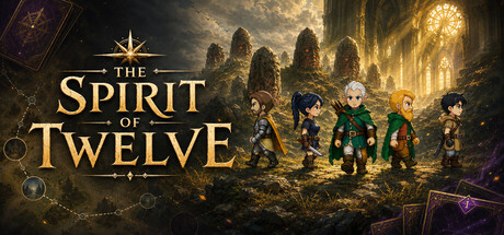 Painterly key art showing the game's logo beside five silhouetted champions walking through ancient standing stones toward a glowing ruined window at dusk