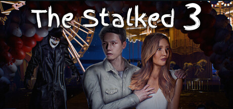 The Stalked 3 key art showing Jack and Olivia in front of a carnival at night, with a masked stalker lurking behind them