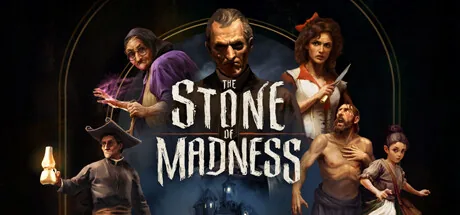Key art for The Stone of Madness showing the five hooded prisoners standing before a towering monastery statue