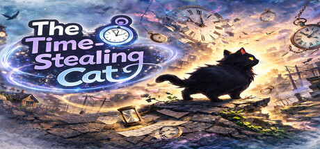 The Time-Stealing Cat logo beside a black cat with glowing red eyes walking through a swirl of clock faces and pocket watches
