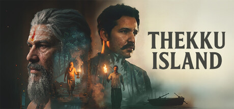 Thekku Island key art: an elderly man and a younger man in silhouette against a jungle island backdrop, with a boat on the shore