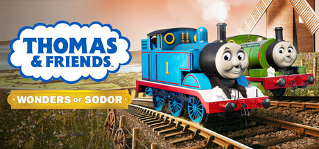 Thomas and Percy round a bend on the branch line beneath the Wonders of Sodor logo