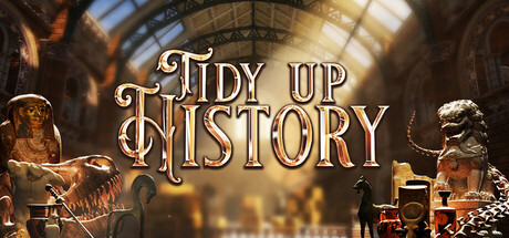 Tidy Up History logo surrounded by a mummy, dinosaur skull, and lion statue artifacts