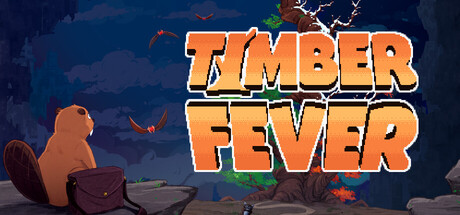 Pixel-art key art of a beaver sitting on a rocky ledge beside a satchel, watching bats fly past a lightning-struck tree