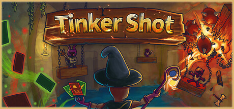 Tinker Shot key art with a wizard-hatted tinkerer aiming a crafted weapon beside the game's logo