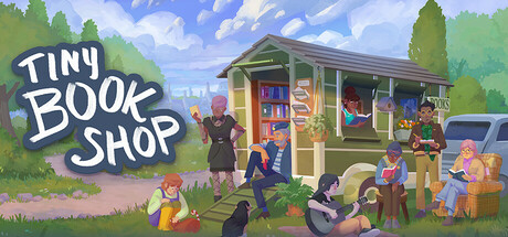 Illustrated Tiny Bookshop key art showing the green mobile bookshop trailer with customers reading and relaxing outside on a sunny coastal green