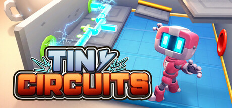 Header art for Tiny Circuits showing a small blocky robot standing on a glowing circuit board grid beside the game's title in a neon-lit factory setting