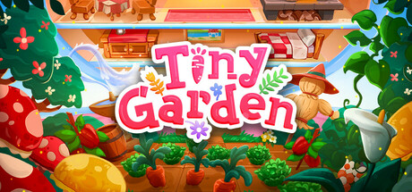 Tiny Garden key art showing the clamshell toy garden framed by leaves and vegetables, with the game's logo