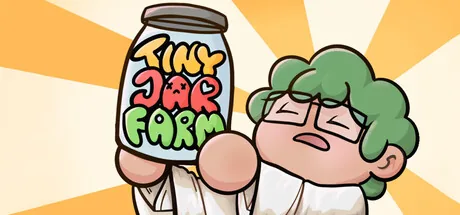 Key art for Tiny Jar Farm showing a cartoon character holding a jar of crops