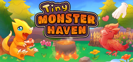 Tiny Monster Haven logo beside a yellow dinosaur-like monster and a red bird-like monster next to a cooking pot