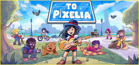 Key art for To Pixelia, showing a pixel-art resident playing guitar in a busy park full of other Pixelians